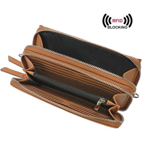 Crossbody Wallet Wristlet Purse Vegan Leather Camel - Picture 2 of 6